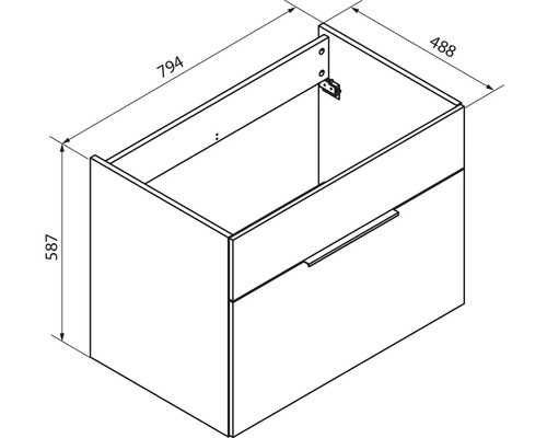 Dessin technique d'un meuble sous-lavabo avec deux tiroirs. Dimensions : largeur 794 millimètres, profondeur 488 millimètres, hauteur 587 millimètres.