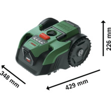 Bosch Mähroboter Smart Vision mit Abmessungen von 429 Millimeter Länge, 348 Millimeter Breite und 226 Millimeter Höhe.