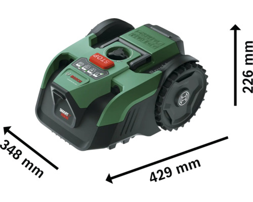 Bosch Mähroboter Smart Vision mit Abmessungen von 429 Millimeter Länge, 348 Millimeter Breite und 226 Millimeter Höhe.