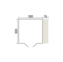Dessin technique d'un plan carré de 300 centimètres sur 300 centimètres avec une extension latérale de 76 centimètres.