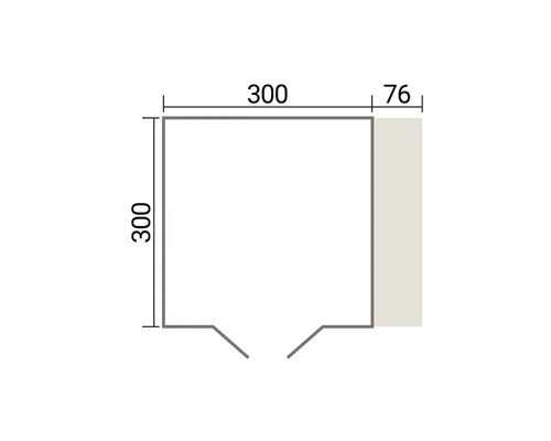 Dessin technique d'un plan carré de 300 centimètres sur 300 centimètres avec une extension latérale de 76 centimètres.