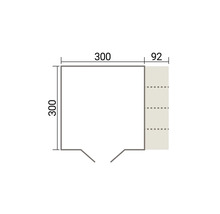 Dessin technique d un plan avec des dimensions de 300 par 300 centimètres et une extension latérale de 92 centimètres de large.