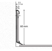 Dessin technique d'une plinthe pour revêtements de sol avec une hauteur de 60 millimètres et une épaisseur d'insertion de 3 millimètres.