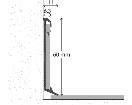 Dessin technique d'une plinthe pour revêtements de sol avec une hauteur de 60 millimètres et une épaisseur d'insertion de 3 millimètres.