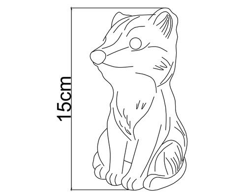 Croquis d'une figurine de jardin renard assis d'une hauteur de 15 centimètres.
