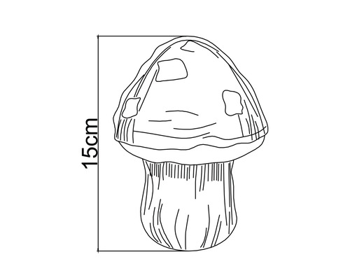 Croquis d'un champignon décoratif de jardin d'une hauteur totale de 15 centimètres.