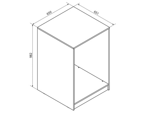 Dessin technique d'un caisson d'armoire avec les dimensions : hauteur 982 millimètres, largeur 651 millimètres, profondeur 650 millimètres.