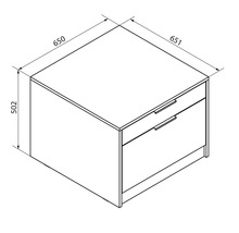 Dessin technique pour un meuble avec deux tiroirs. Dimensions : hauteur 502, largeur 650, profondeur 651 millimètres.