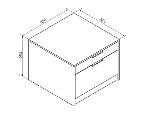 Dessin technique pour un meuble avec deux tiroirs. Dimensions : hauteur 502, largeur 650, profondeur 651 millimètres.