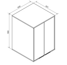 Croquis coté d'une armoire avec les dimensions de 900 millimètres de hauteur, 650 millimètres de profondeur et 651 millimètres de largeur.