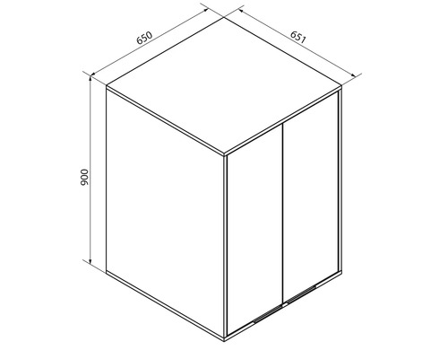 Schéma avec dimensions d'un meuble de 900 millimètres de hauteur, 651 millimètres de largeur et 650 millimètres de profondeur.