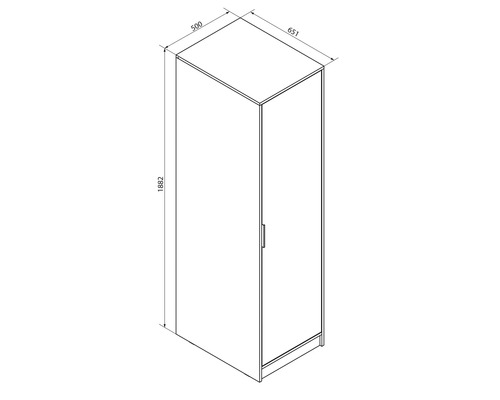 Dessin technique d'une armoire haute à une porte avec dimensions : hauteur 1882 millimètres, largeur 651 millimètres, profondeur 500 millimètres.