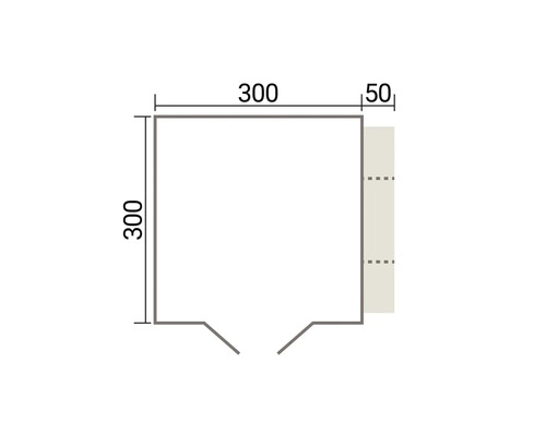 Dessin technique avec dimensions pour une construction carrée de 300 par 300 centimètres avec un élément d extension de 50 centimètres de large.