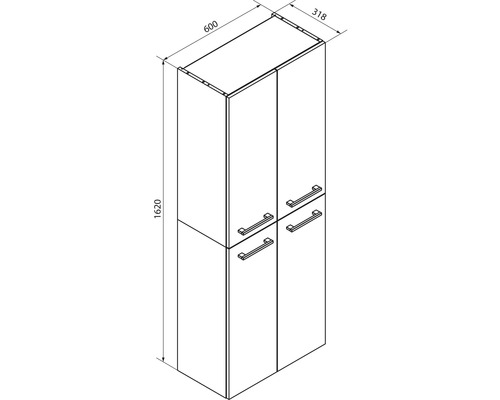 Dessin technique d'une armoire haute mesurant 1620 millimètres de hauteur, 600 millimètres de largeur et 318 millimètres de profondeur.