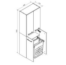 Dessin d'une armoire de salle de bain avec panier à linge, hauteur 1620 millimètres, largeur 600 millimètres, profondeur 318 millimètres