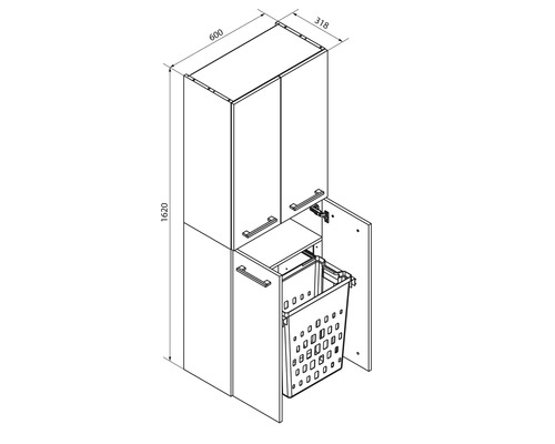 Dessin d'une armoire de salle de bain avec panier à linge, hauteur 1620 millimètres, largeur 600 millimètres, profondeur 318 millimètres