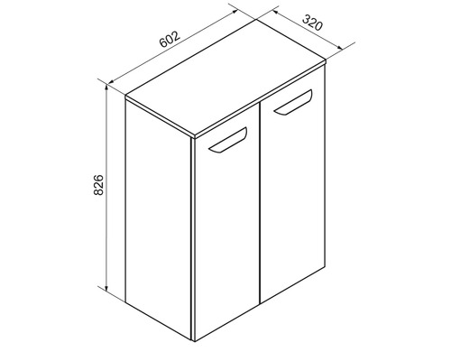 Croquis coté d'un meuble à deux portes avec les dimensions : hauteur 826 millimètres, largeur 602 millimètres et profondeur 320 millimètres.