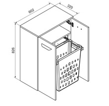 Dessin technique d'un meuble à linge avec panier amovible, dimensions: 826 sur 602 sur 320 millimètres.