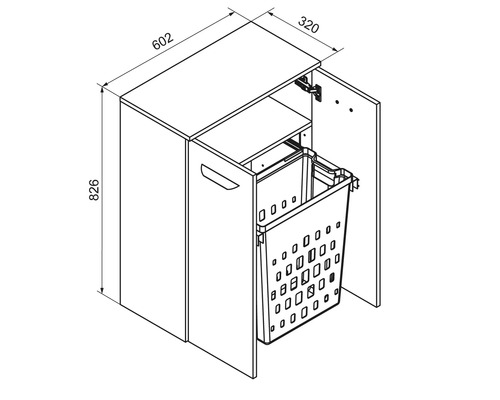 Dessin technique d'un meuble à linge avec panier amovible, dimensions: 826 sur 602 sur 320 millimètres.