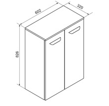 Dessin technique d'une armoire à deux portes avec les dimensions : hauteur 826 millimètres, largeur 602 millimètres, profondeur 320 millimètres.
