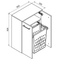 Dessin technique d'un meuble à linge avec panier, dimensions : hauteur 826 millimètres, largeur 602 millimètres, profondeur 320 millimètres.