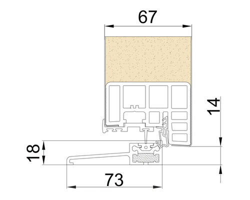 Dessin technique d'une coupe transversale de profilé avec les dimensions 67, 73, 18 et 14.