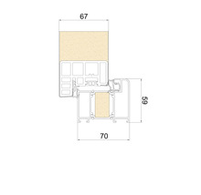 Dessin technique d'un profilé de fenêtre avec les dimensions 67 millimètres, 59 millimètres et 70 millimètres, montrant le système à plusieurs chambres.