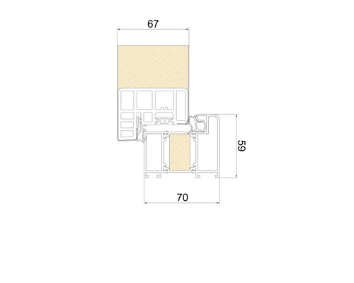 Dessin technique d'un profilé de fenêtre avec les dimensions 67 millimètres, 59 millimètres et 70 millimètres, montrant le système à plusieurs chambres.