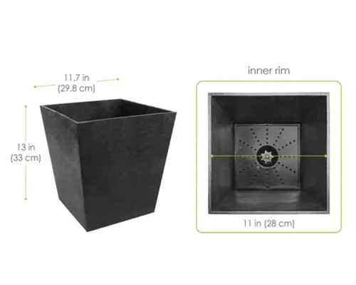 Quadratischer, konischer Pflanzkübel mit Maßen: Breite 29,8 Zentimeter, Höhe 33 Zentimeter und Innenrandbreite 28 Zentimeter.