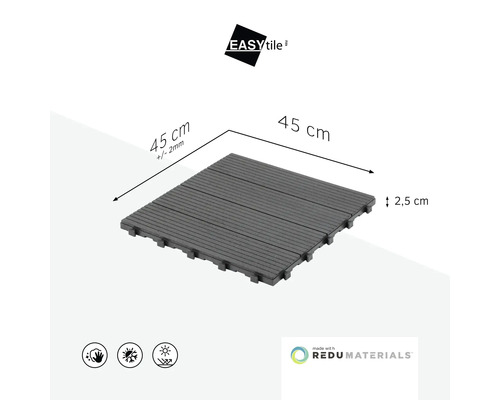 Dalle de terrasse EASYtile avec système de clic, 45 sur 45 centimètres, hauteur 2,5 centimètres, résistante aux intempéries et UV. EASYtile Logo.