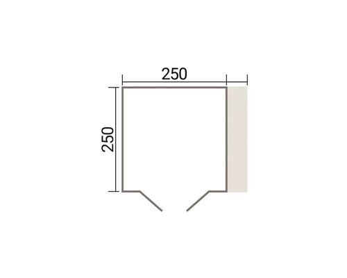 Dessin technique avec dimensions 250 par 250 millimètres pour un produit carré avec entrée biseautée