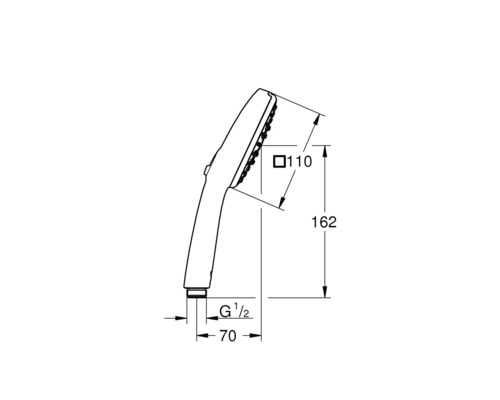 Maßzeichnung einer Handbrause mit einer Länge von 162 Millimeter, einem Durchmesser von 110 Millimeter und einem Anschluss G 1/2 Zoll.