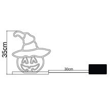 Silhouette néon LED Halloween citrouille avec chapeau de sorcière, hauteur 35 centimètres, longueur de câble 30 centimètres avec boîtier piles.