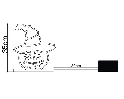 Silhouette néon LED Halloween citrouille avec chapeau de sorcière, hauteur 35 centimètres, longueur de câble 30 centimètres avec boîtier piles.
