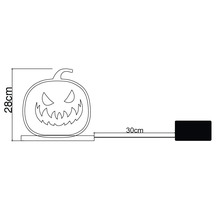 Croquis des dimensions d'une décoration citrouille d'Halloween avec une hauteur de 28 centimètres et une longueur de câble de 30 centimètres.
