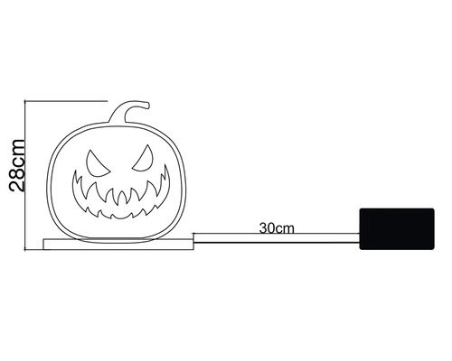 Croquis des dimensions d'une décoration citrouille d'Halloween avec une hauteur de 28 centimètres et une longueur de câble de 30 centimètres.