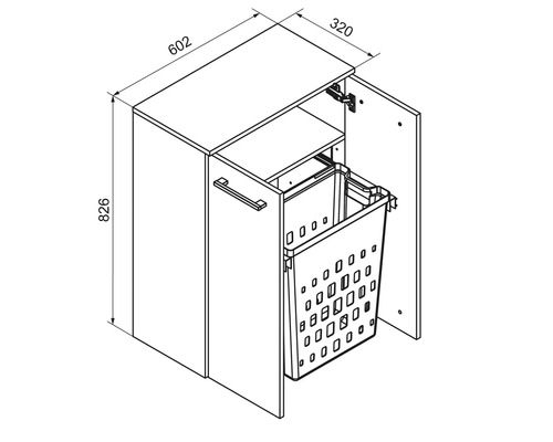 Dessin technique meuble à linge avec panier, dimensions : largeur 602 millimètres, profondeur 320 millimètres, hauteur 826 millimètres.