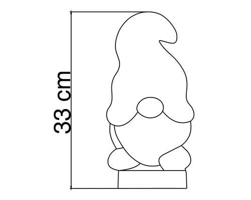 Dessin au trait d'un nain de jardin avec une indication de hauteur de 33 centimètres.