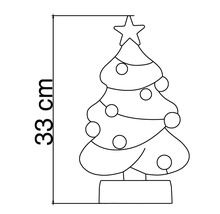 Dessin schématique d'un sapin de Noël avec une étoile et des boules, hauteur 33 centimètres.
