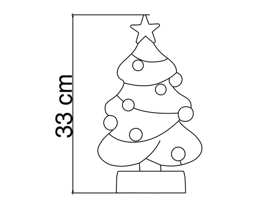 Dessin schématique d'un sapin de Noël avec une étoile et des boules, hauteur 33 centimètres.