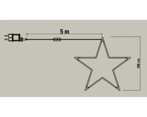 Croquis d une décoration lumineuse en forme d étoile avec dimensions : câble de 5 mètres et hauteur de 100 centimètres.