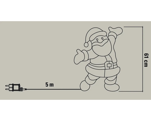 Illustration d'un Père Noël LED avec une hauteur de 61 centimètres et un câble de 5 mètres.
