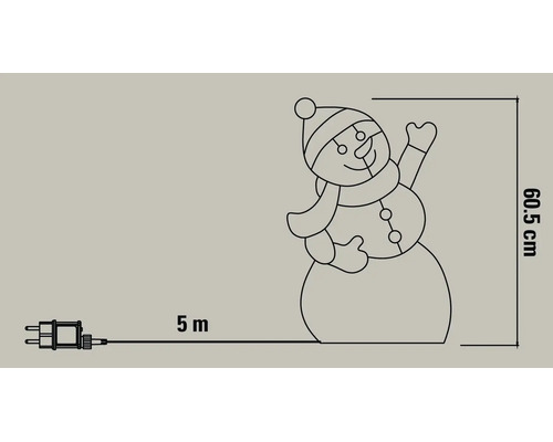 Schéma d'une figurine de Noël en forme de bonhomme de neige d'une hauteur de 60,5 centimètres et d'un câble de 5 mètres.