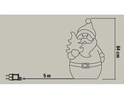 Dessin au trait d'une figurine de Père Noël avec sapin, hauteur 64 centimètres, câble d'alimentation de 5 mètres avec fiche.