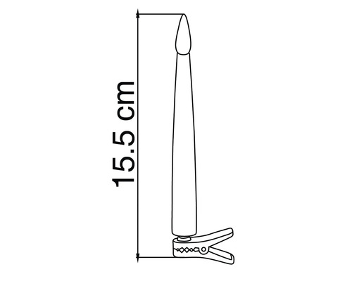 Croquis d'une bougie de Noël avec clip de fixation et une hauteur totale de 15,5 centimètres.