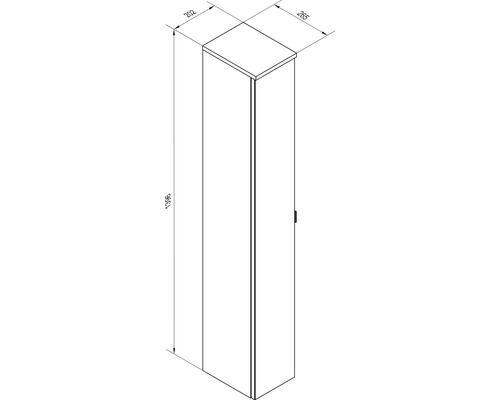 Dessin technique d'un meuble haut avec les dimensions hauteur 1396 millimètres, largeur 265 millimètres et profondeur 202 millimètres.