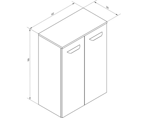 Dessin technique d'un meuble avec deux portes. Dimensions : largeur 602 millimètres, hauteur 826 millimètres, profondeur 320 millimètres.