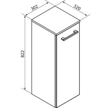 Dessin technique d'un meuble de salle de bain avec les dimensions : hauteur 822 millimètres, largeur 302 millimètres, profondeur 320 millimètres.
