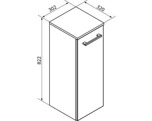 Dessin technique d'un meuble de salle de bain avec les dimensions : hauteur 822 millimètres, largeur 302 millimètres, profondeur 320 millimètres.