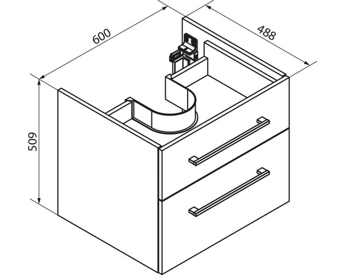 Schéma avec dimensions d'un sous-vasque avec deux tiroirs et découpe pour siphon. Largeur 600, profondeur 488, hauteur 509 millimètres.